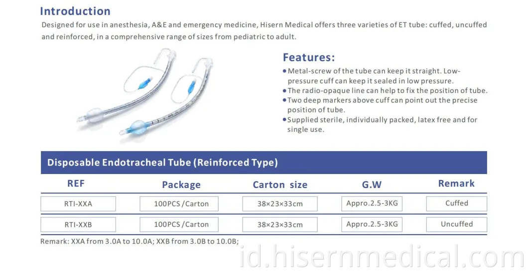Hisern Medical Uncuffed Disposable Endotrakeal Tube (Tipe yang Diperkuat)